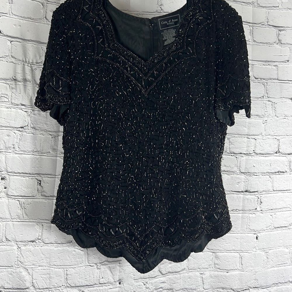 Cote d'Azur Top Evening Beaded Scallop Hem Short Sleeve Black Size Large